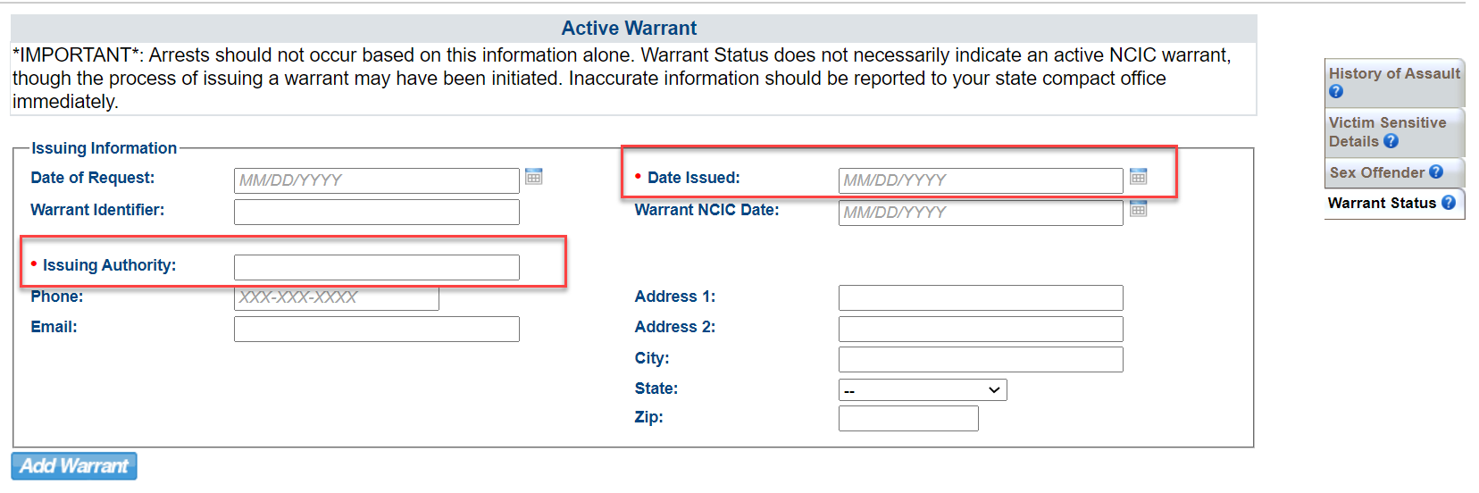 Warrant StatusSpecial Status ICAOS Support